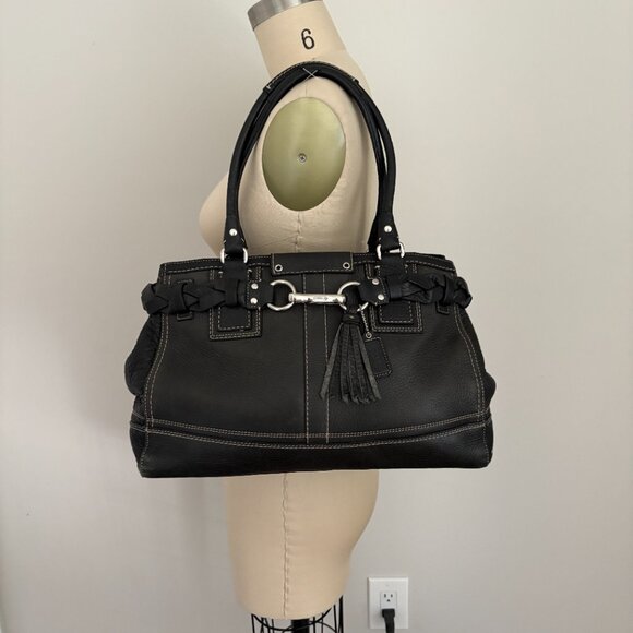 COACH Hampton Black Pebbled Leather Shoulder Bag Braided Trim Tassel - Picture 1 of 10